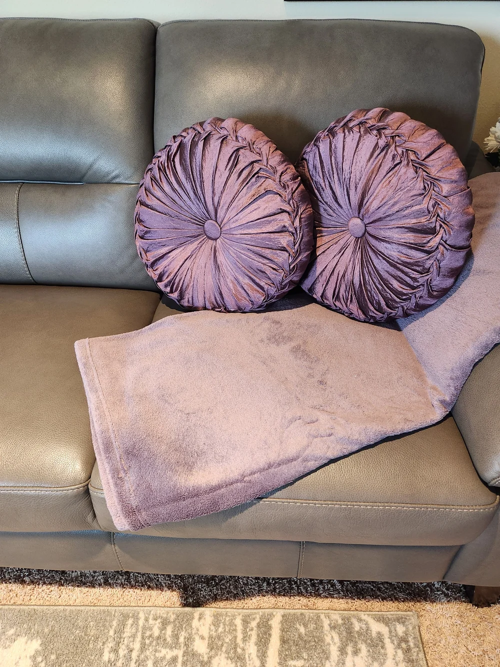 Round Purple Ruched Decorative Throw Pillow Pair